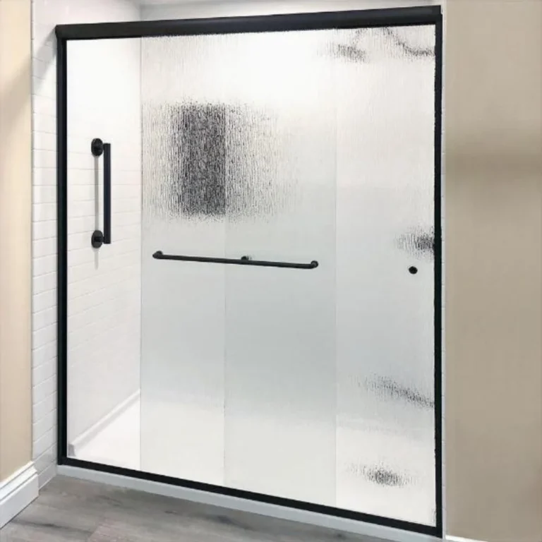 Frosted glass walk-in shower enclosure with black frame