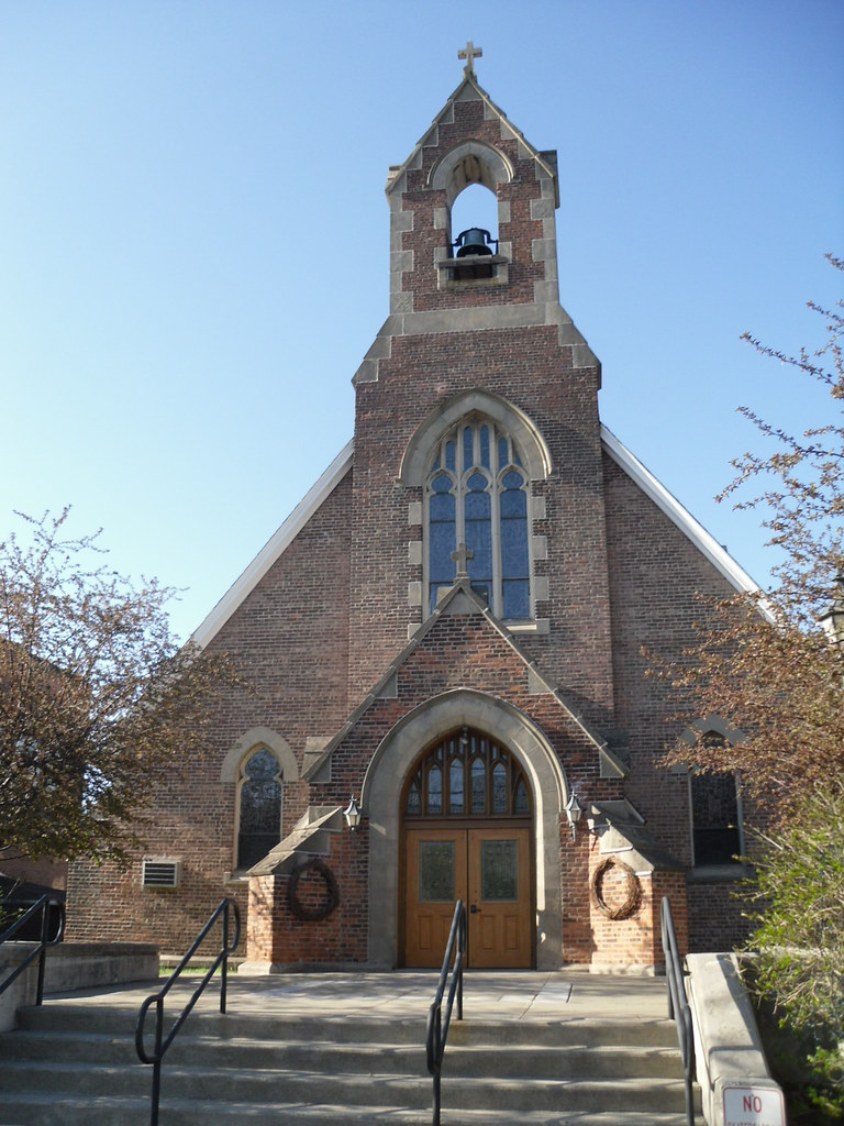 St. Patrick’s Church with its brick bell tower on Main Street in Ravena, New York