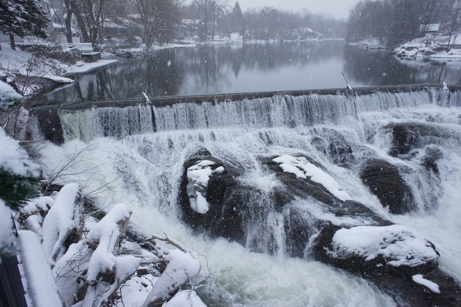 Snow-covered Beaver Kill Falls, also called Valatie Kill Falls, in Valatie, New York