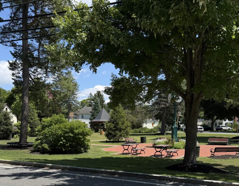 Clock, gazebo and gardens at Hotaling Park in Voorheesville, New York
